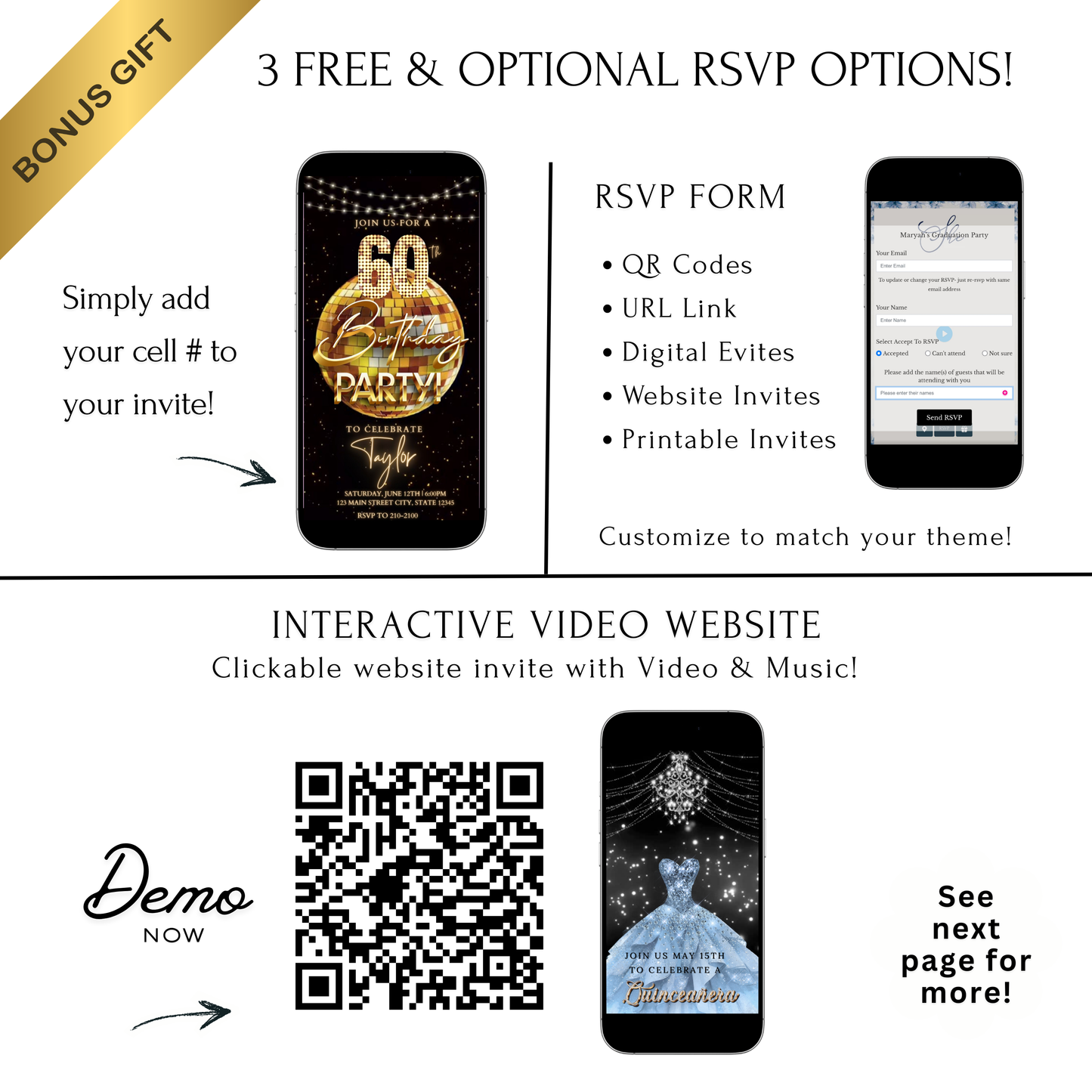 Editable gold disco ball 60th birthday birthday video invitation displayed on a mobile phone, featuring an animated vertical digital invite with music, created in Canva. This premium video invitation template is designed for sharing by text, email, and social media and works with an interactive RSVP website for easy guest response tracking.