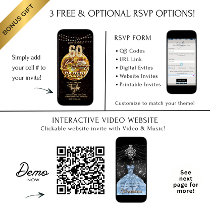 Editable gold disco ball 60th birthday birthday video invitation displayed on a mobile phone, featuring an animated vertical digital invite with music, created in Canva. This premium video invitation template is designed for sharing by text, email, and social media and works with an interactive RSVP website for easy guest response tracking.