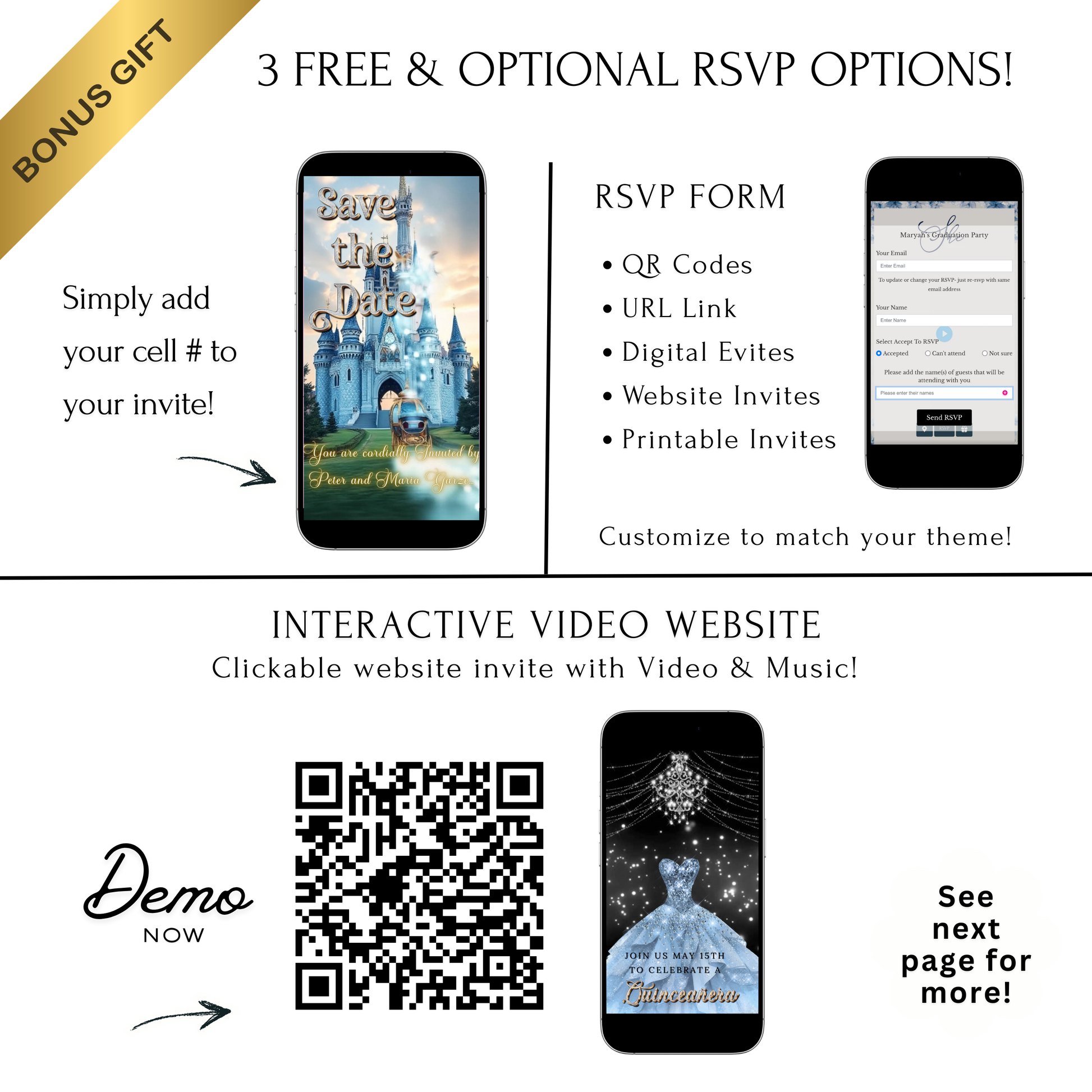 Editable cinderella fairytale quinceañera event video invitation displayed on a mobile phone, featuring an animated vertical digital invite with music, created in Canva. This premium video invitation template is designed for sharing by text, email, and social media and works with an interactive RSVP website for easy guest response tracking.