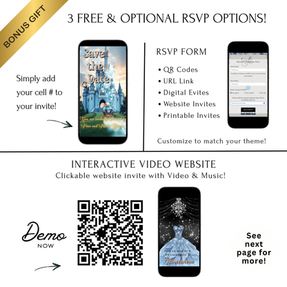 Editable cinderella fairytale quinceañera event video invitation displayed on a mobile phone, featuring an animated vertical digital invite with music, created in Canva. This premium video invitation template is designed for sharing by text, email, and social media and works with an interactive RSVP website for easy guest response tracking.