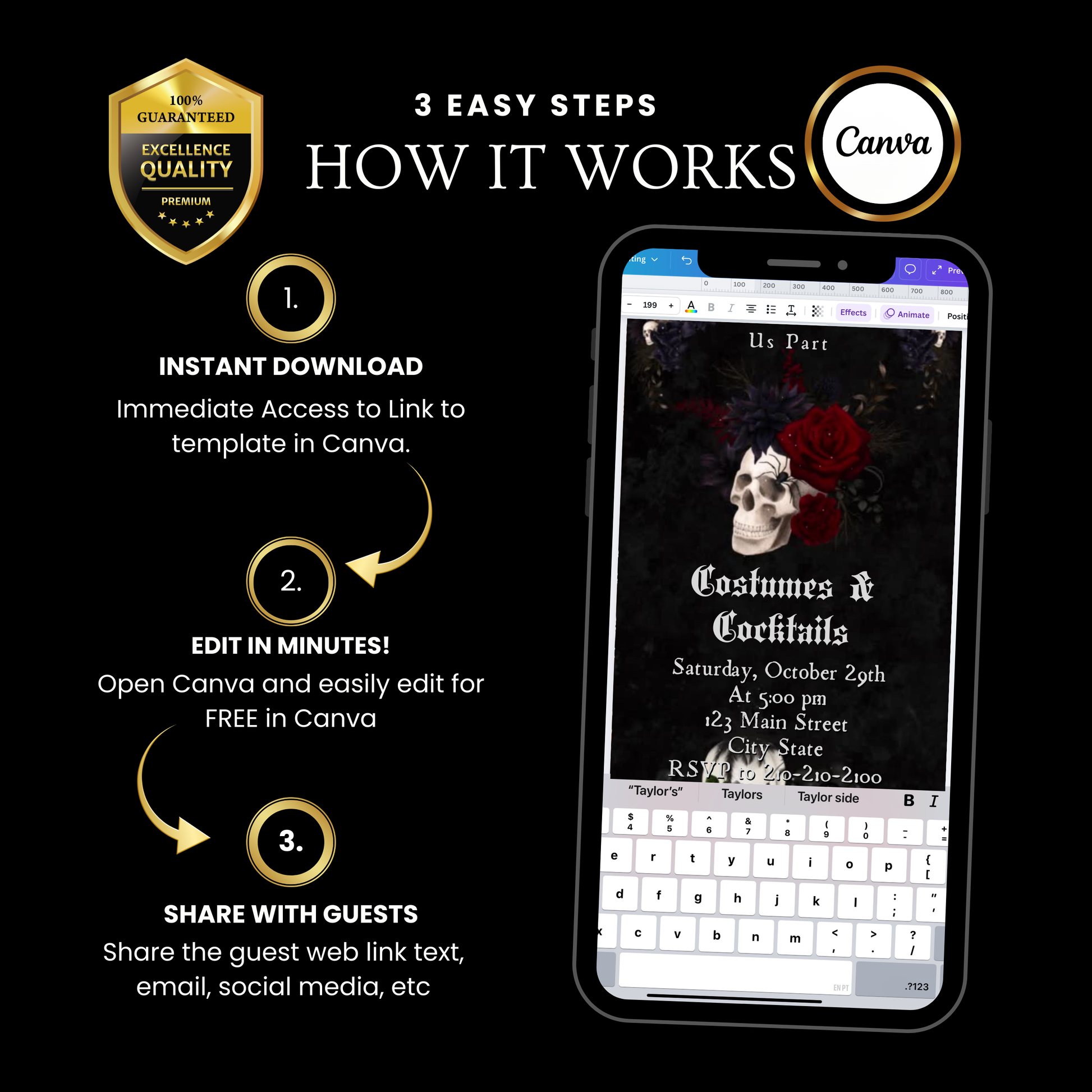 Editable gothic halloween wedding party wedding video invitation displayed on a mobile phone, featuring an animated vertical digital invite with music, created in Canva. This premium video invitation template is designed for sharing by text, email, and social media and works with an interactive RSVP website for easy guest response tracking.