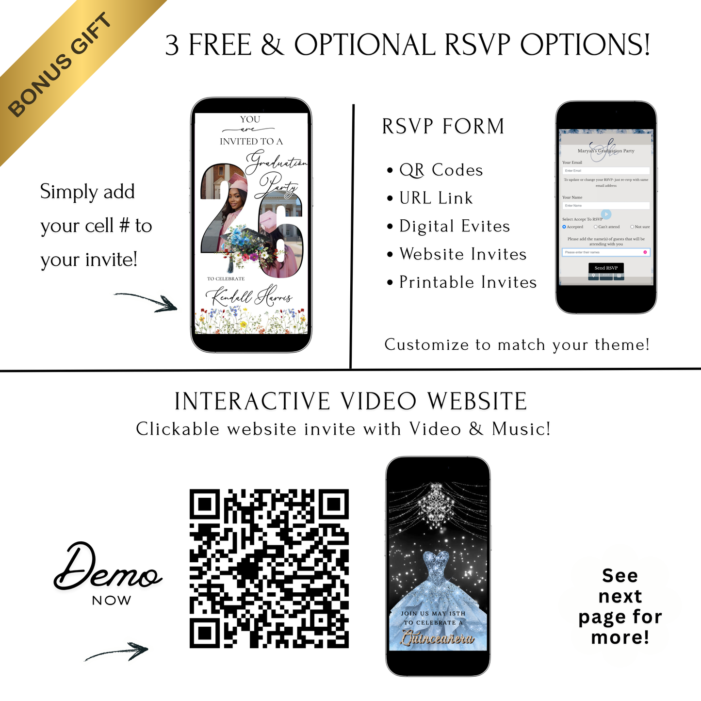 Editable floral graduation 2026 graduation video invitation displayed on a mobile phone, featuring an animated vertical digital invite with music, created in Canva. This premium video invitation template is designed for sharing by text, email, and social media and works with an interactive RSVP website for easy guest response tracking.
