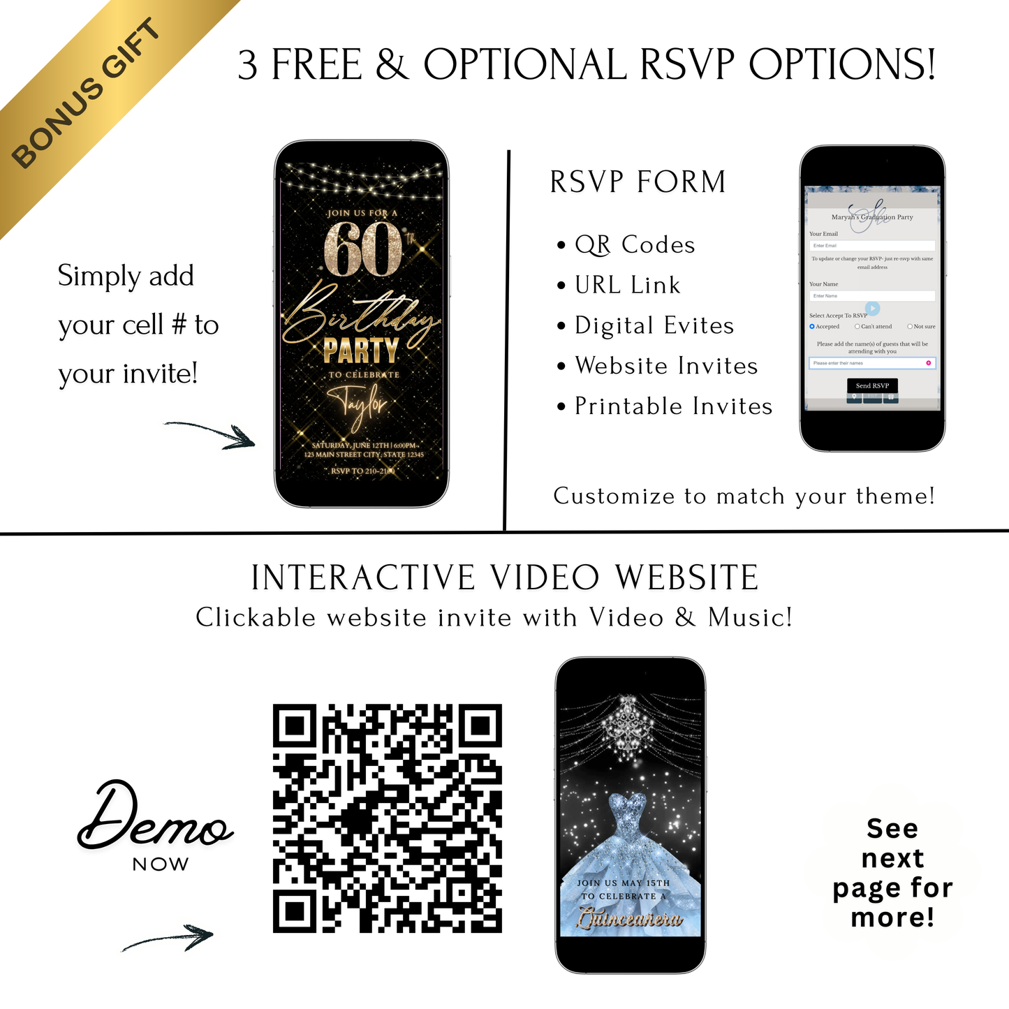 Editable gold sparkle grid 60th birthday birthday video invitation displayed on a mobile phone, featuring an animated vertical digital invite with music, created in Canva. This premium video invitation template is designed for sharing by text, email, and social media and works with an interactive RSVP website for easy guest response tracking.