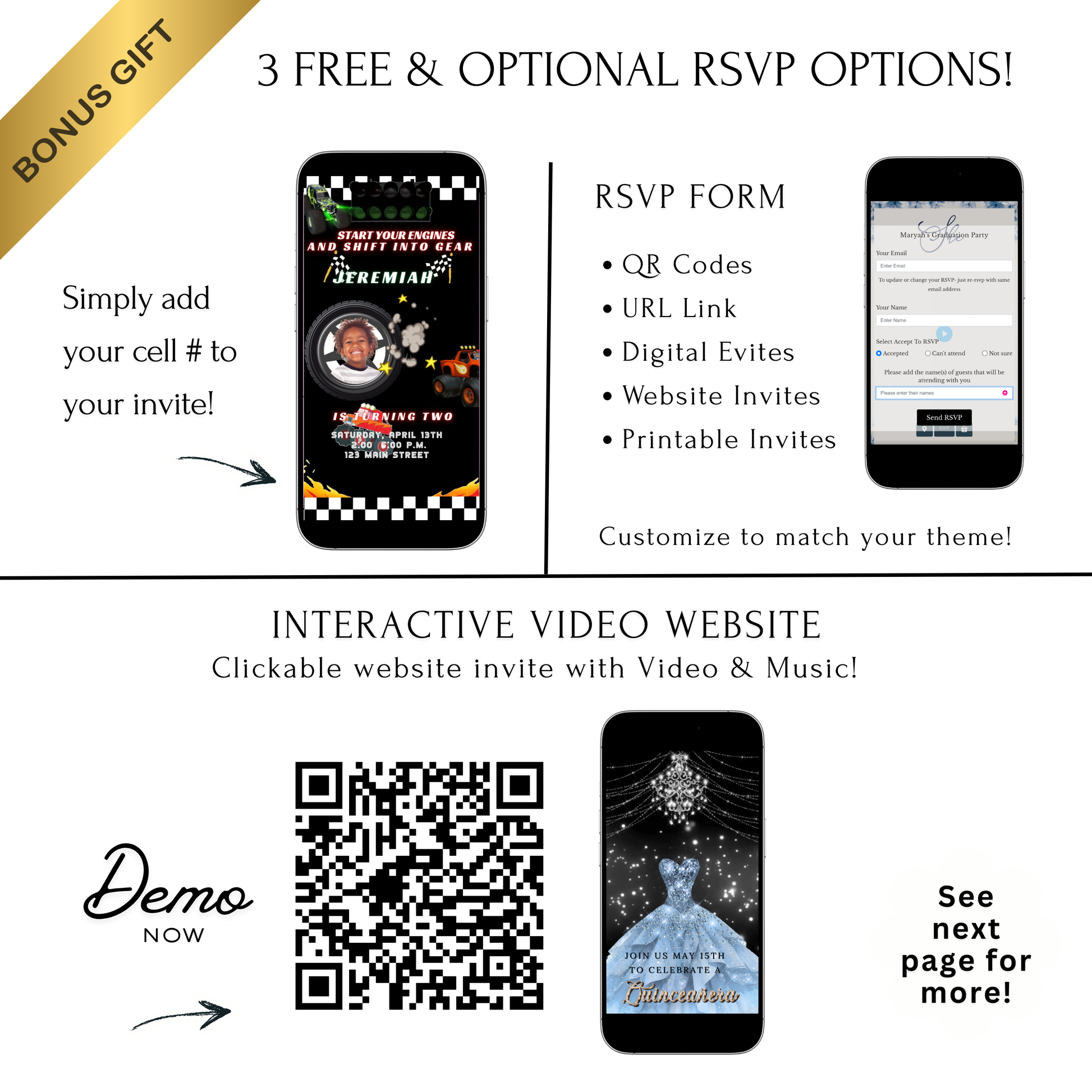 Editable monster truck race birthday birthday video invitation displayed on a mobile phone, featuring an animated vertical digital invite with music, created in Canva. This premium video invitation template is designed for sharing by text, email, and social media and works with an interactive RSVP website for easy guest response tracking.