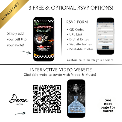 Editable monster truck race birthday birthday video invitation displayed on a mobile phone, featuring an animated vertical digital invite with music, created in Canva. This premium video invitation template is designed for sharing by text, email, and social media and works with an interactive RSVP website for easy guest response tracking.