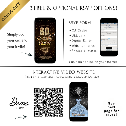 Editable gold glitter 60th birthday birthday video invitation displayed on a mobile phone, featuring an animated vertical digital invite with music, created in Canva. This premium video invitation template is designed for sharing by text, email, and social media and works with an interactive RSVP website for easy guest response tracking.