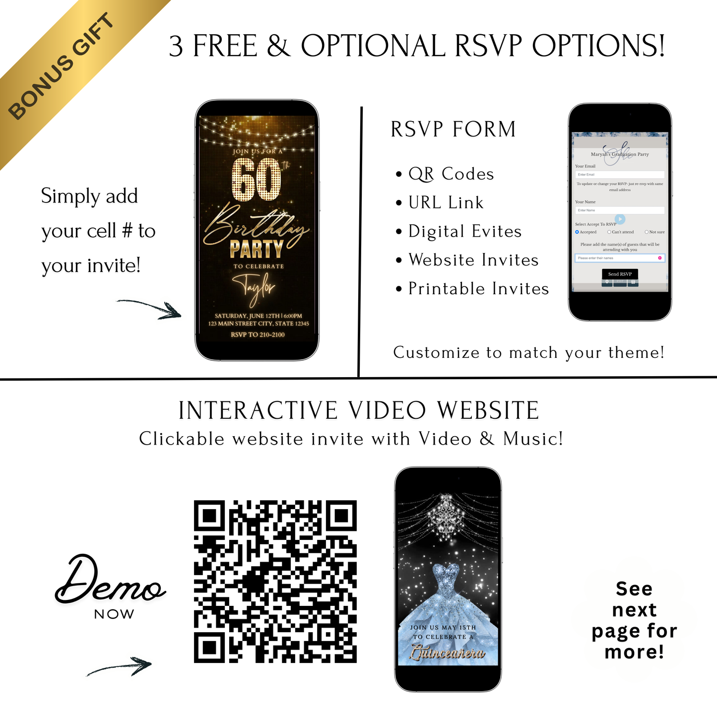 Editable bronze glitter 60th birthday birthday video invitation displayed on a mobile phone, featuring an animated vertical digital invite with music, created in Canva. This premium video invitation template is designed for sharing by text, email, and social media and works with an interactive RSVP website for easy guest response tracking.