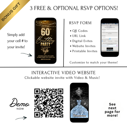 Editable bronze glitter 60th birthday birthday video invitation displayed on a mobile phone, featuring an animated vertical digital invite with music, created in Canva. This premium video invitation template is designed for sharing by text, email, and social media and works with an interactive RSVP website for easy guest response tracking.