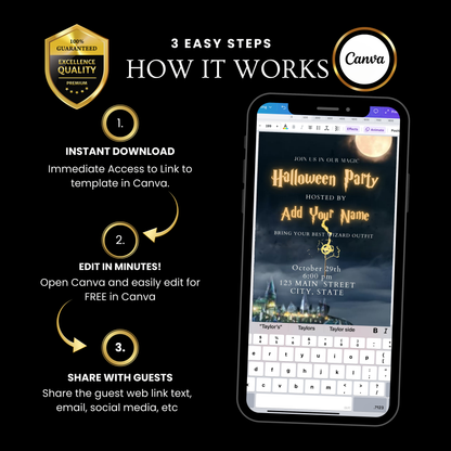 Editable wizard halloween party party video invitation displayed on a mobile phone, featuring an animated vertical digital invite with music, created in Canva. This premium video invitation template is designed for sharing by text, email, and social media and works with an interactive RSVP website for easy guest response tracking.