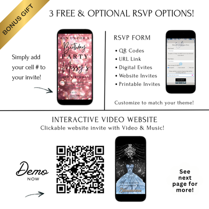 Editable rose gold bokeh 50th birthday birthday video invitation displayed on a mobile phone, featuring an animated vertical digital invite with music, created in Canva. This premium video invitation template is designed for sharing by text, email, and social media and works with an interactive RSVP website for easy guest response tracking.