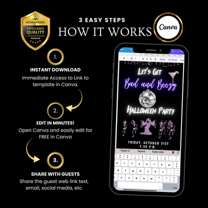 Editable neon boozy halloween party party video invitation displayed on a mobile phone, featuring an animated vertical digital invite with music, created in Canva. This premium video invitation template is designed for sharing by text, email, and social media and works with an interactive RSVP website for easy guest response tracking.
