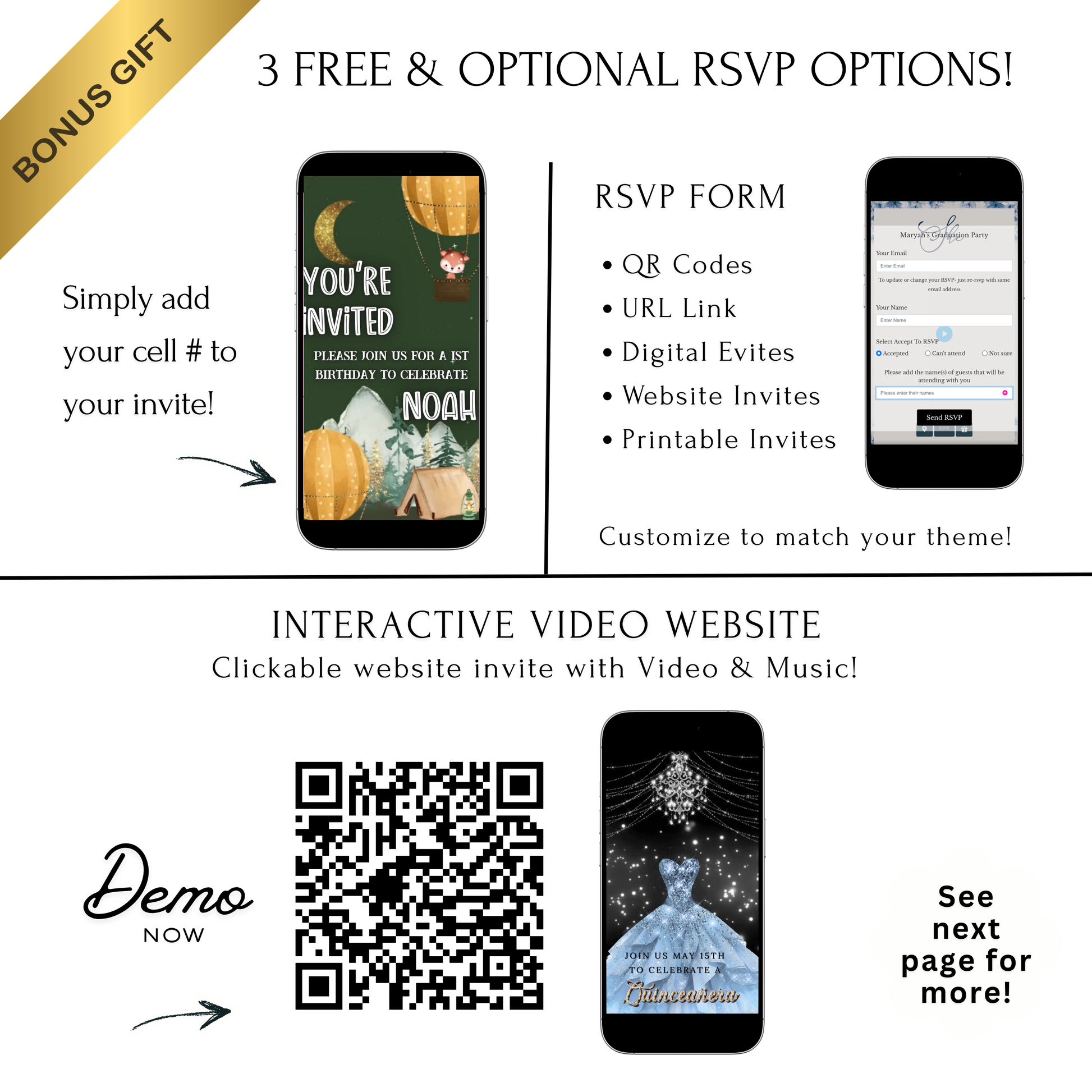Editable woodland camping 1st birthday birthday video invitation displayed on a mobile phone, featuring an animated vertical digital invite with music, created in Canva. This premium video invitation template is designed for sharing by text, email, and social media and works with an interactive RSVP website for easy guest response tracking.
