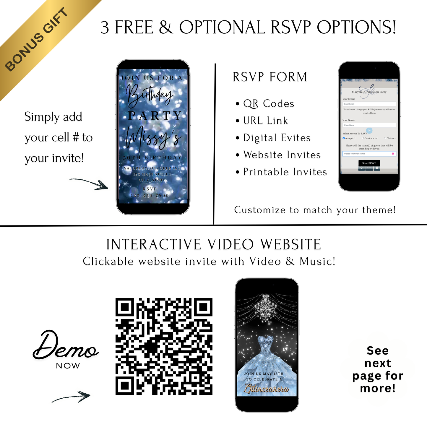Editable blue bokeh 50th birthday birthday video invitation displayed on a mobile phone, featuring an animated vertical digital invite with music, created in Canva. This premium video invitation template is designed for sharing by text, email, and social media and works with an interactive RSVP website for easy guest response tracking.