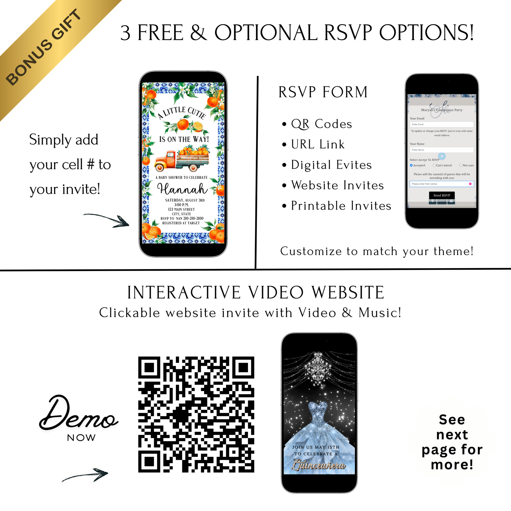 Editable little cutie lemon baby shower baby shower video invitation displayed on a mobile phone, featuring an animated vertical digital invite with music, created in Canva. This premium video invitation template is designed for sharing by text, email, and social media and works with an interactive RSVP website for easy guest response tracking.