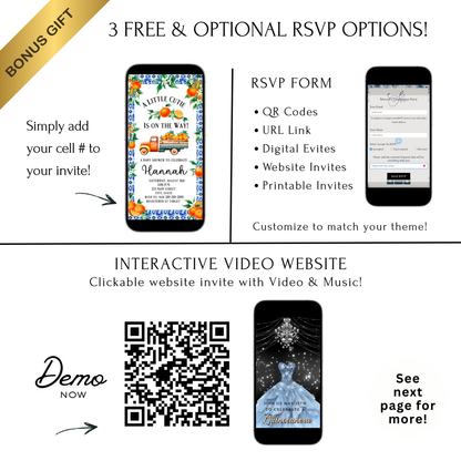 Editable little cutie lemon baby shower baby shower video invitation displayed on a mobile phone, featuring an animated vertical digital invite with music, created in Canva. This premium video invitation template is designed for sharing by text, email, and social media and works with an interactive RSVP website for easy guest response tracking.