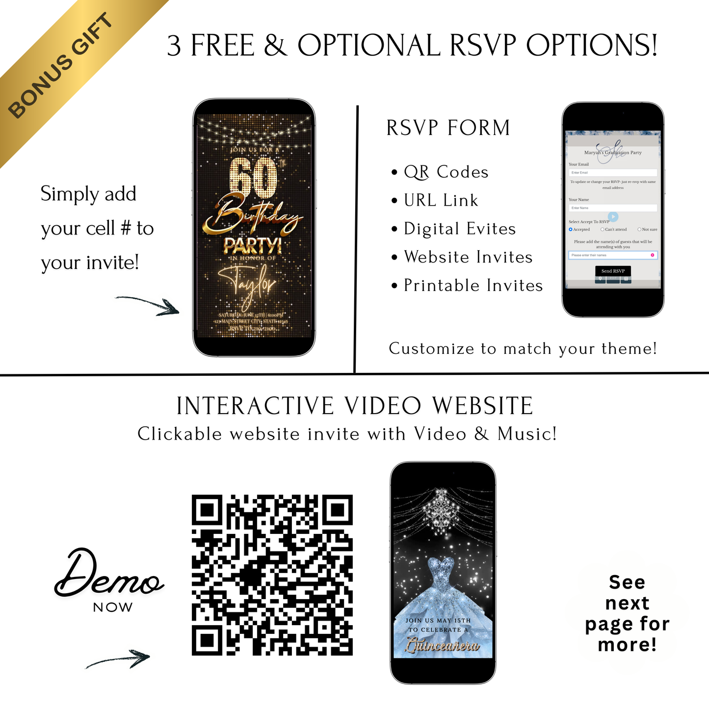 Editable gold party lights 60th birthday birthday video invitation displayed on a mobile phone, featuring an animated vertical digital invite with music, created in Canva. This premium video invitation template is designed for sharing by text, email, and social media and works with an interactive RSVP website for easy guest response tracking.