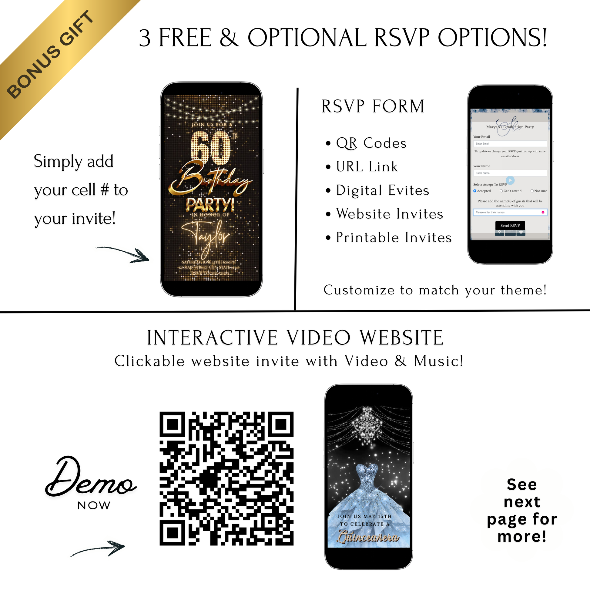 Editable gold party lights 60th birthday birthday video invitation displayed on a mobile phone, featuring an animated vertical digital invite with music, created in Canva. This premium video invitation template is designed for sharing by text, email, and social media and works with an interactive RSVP website for easy guest response tracking.
