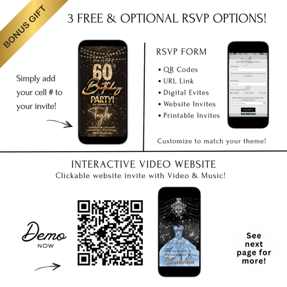 Editable gold party lights 60th birthday birthday video invitation displayed on a mobile phone, featuring an animated vertical digital invite with music, created in Canva. This premium video invitation template is designed for sharing by text, email, and social media and works with an interactive RSVP website for easy guest response tracking.