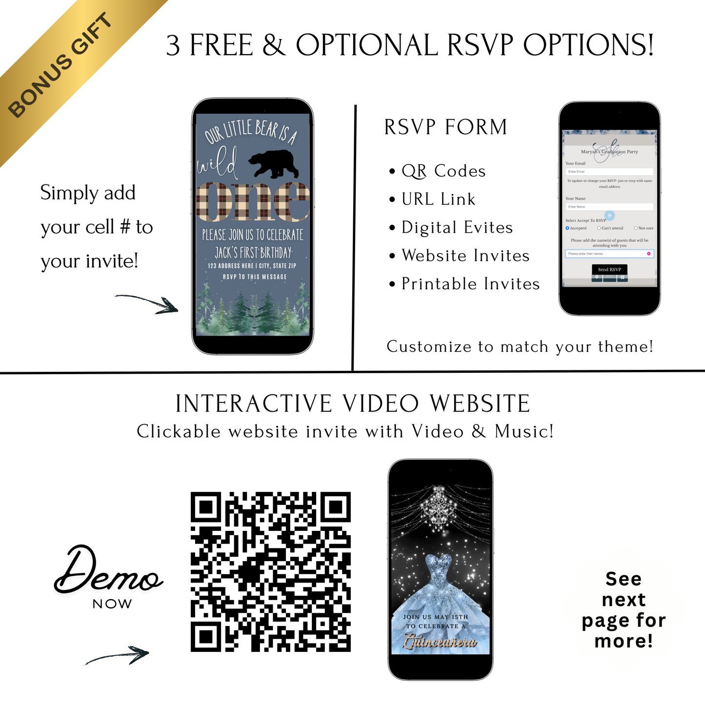 Editable wild one bear birthday birthday video invitation displayed on a mobile phone, featuring an animated vertical digital invite with music, created in Canva. This premium video invitation template is designed for sharing by text, email, and social media and works with an interactive RSVP website for easy guest response tracking.