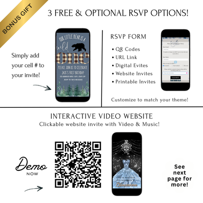 Editable wild one bear birthday birthday video invitation displayed on a mobile phone, featuring an animated vertical digital invite with music, created in Canva. This premium video invitation template is designed for sharing by text, email, and social media and works with an interactive RSVP website for easy guest response tracking.