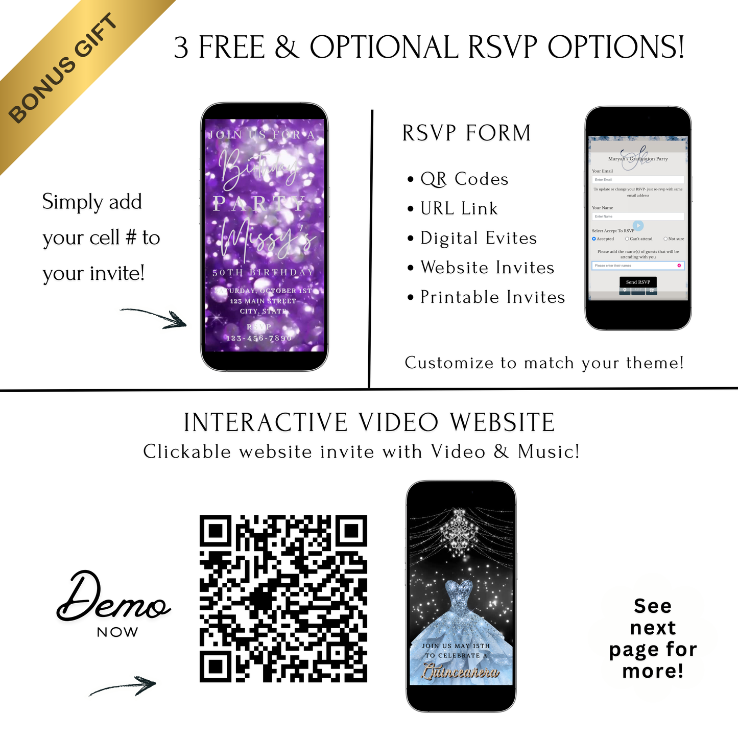Editable purple bokeh 50th birthday birthday video invitation displayed on a mobile phone, featuring an animated vertical digital invite with music, created in Canva. This premium video invitation template is designed for sharing by text, email, and social media and works with an interactive RSVP website for easy guest response tracking.