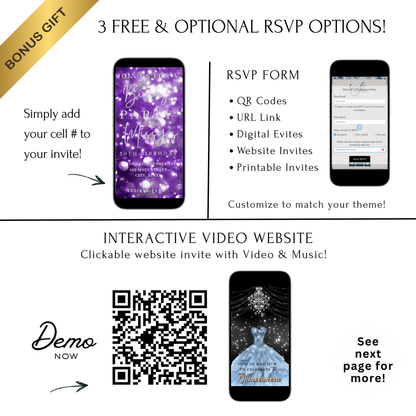 Editable purple bokeh 50th birthday birthday video invitation displayed on a mobile phone, featuring an animated vertical digital invite with music, created in Canva. This premium video invitation template is designed for sharing by text, email, and social media and works with an interactive RSVP website for easy guest response tracking.