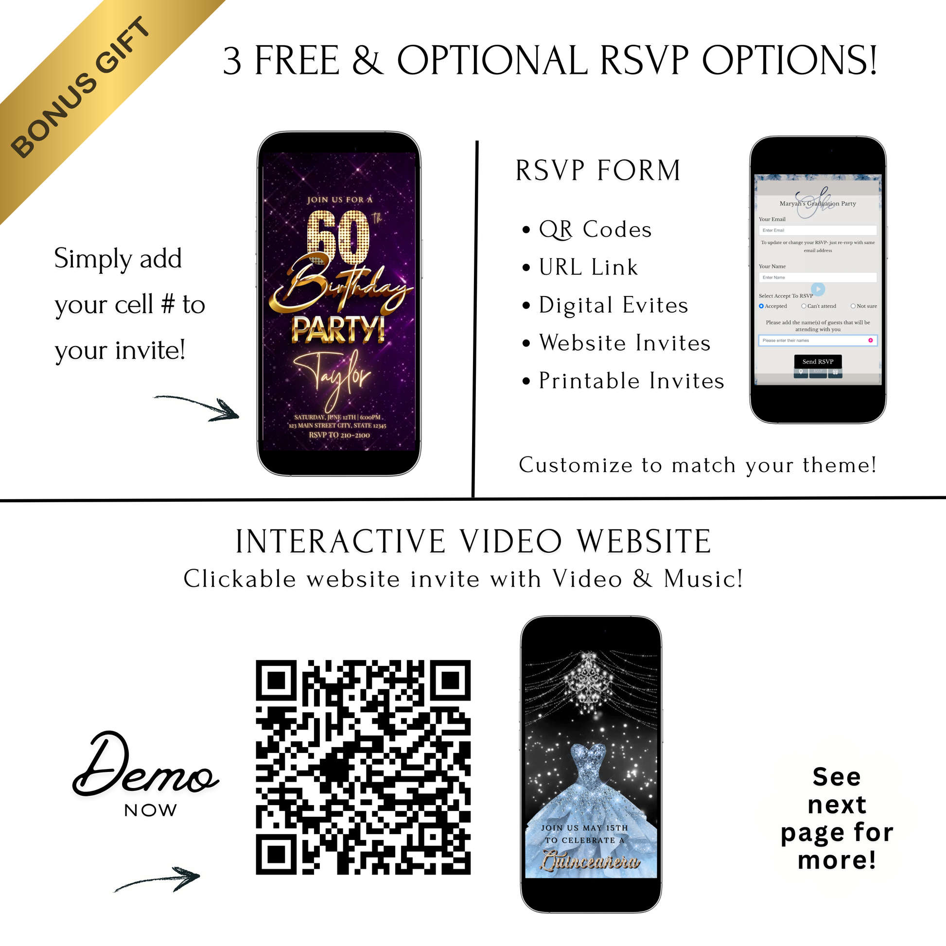 Editable purple gold sparkle 60th birthday birthday video invitation displayed on a mobile phone, featuring an animated vertical digital invite with music, created in Canva. This premium video invitation template is designed for sharing by text, email, and social media and works with an interactive RSVP website for easy guest response tracking.
