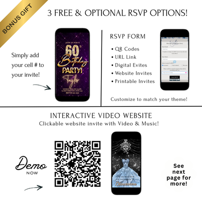Editable purple gold sparkle 60th birthday birthday video invitation displayed on a mobile phone, featuring an animated vertical digital invite with music, created in Canva. This premium video invitation template is designed for sharing by text, email, and social media and works with an interactive RSVP website for easy guest response tracking.