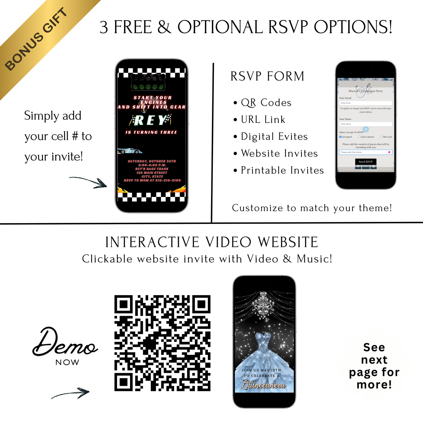 Editable race car birthday birthday video invitation displayed on a mobile phone, featuring an animated vertical digital invite with music, created in Canva. This premium video invitation template is designed for sharing by text, email, and social media and works with an interactive RSVP website for easy guest response tracking.