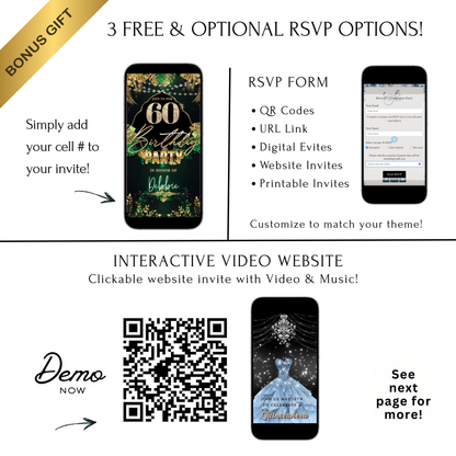 Editable safari green gold 60th birthday birthday video invitation displayed on a mobile phone, featuring an animated vertical digital invite with music, created in Canva. This premium video invitation template is designed for sharing by text, email, and social media and works with an interactive RSVP website for easy guest response tracking.