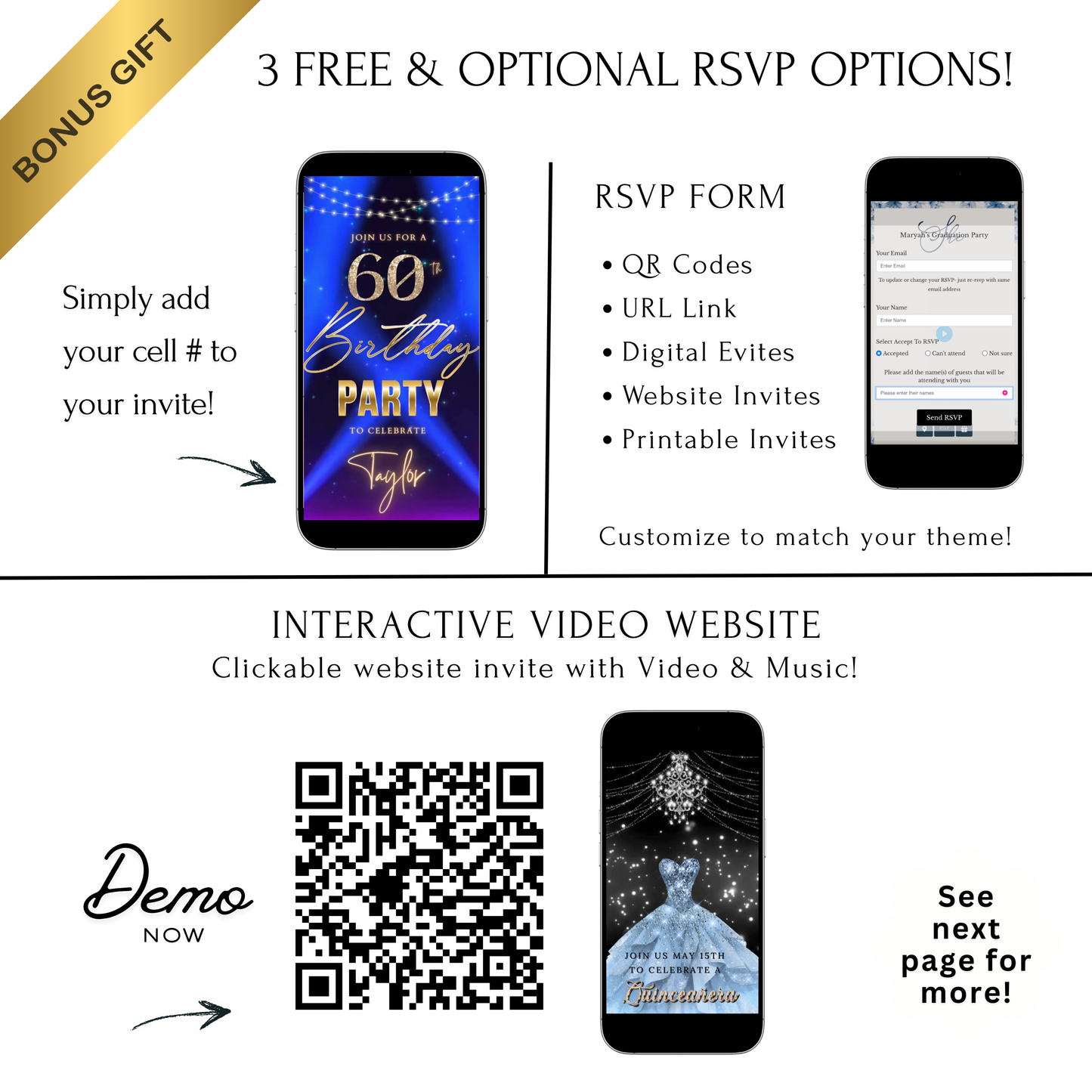 Editable blue purple spotlight 60th birthday birthday video invitation displayed on a mobile phone, featuring an animated vertical digital invite with music, created in Canva. This premium video invitation template is designed for sharing by text, email, and social media and works with an interactive RSVP website for easy guest response tracking.