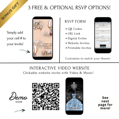 Editable noah’s ark baby shower baby shower video invitation displayed on a mobile phone, featuring an animated vertical digital invite with music, created in Canva. This premium video invitation template is designed for sharing by text, email, and social media and works with an interactive RSVP website for easy guest response tracking.
