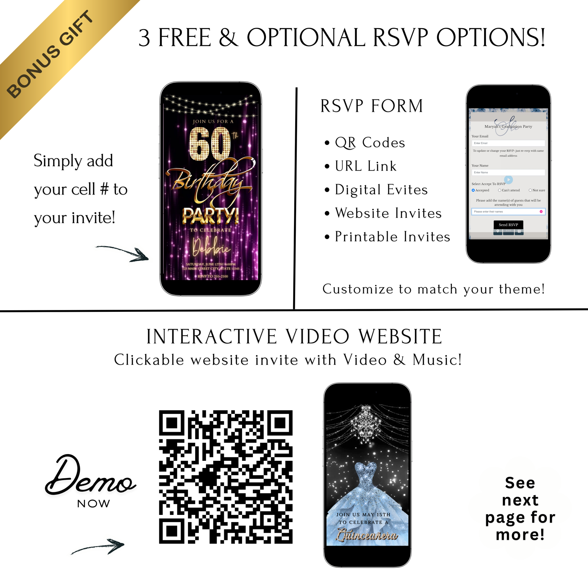 Editable purple gold glam 60th birthday birthday video invitation displayed on a mobile phone, featuring an animated vertical digital invite with music, created in Canva. This premium video invitation template is designed for sharing by text, email, and social media and works with an interactive RSVP website for easy guest response tracking.