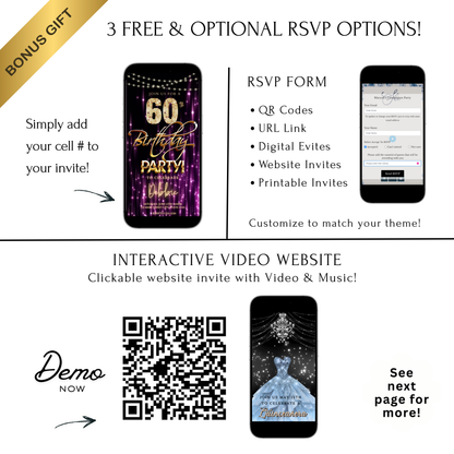 Editable purple gold glam 60th birthday birthday video invitation displayed on a mobile phone, featuring an animated vertical digital invite with music, created in Canva. This premium video invitation template is designed for sharing by text, email, and social media and works with an interactive RSVP website for easy guest response tracking.
