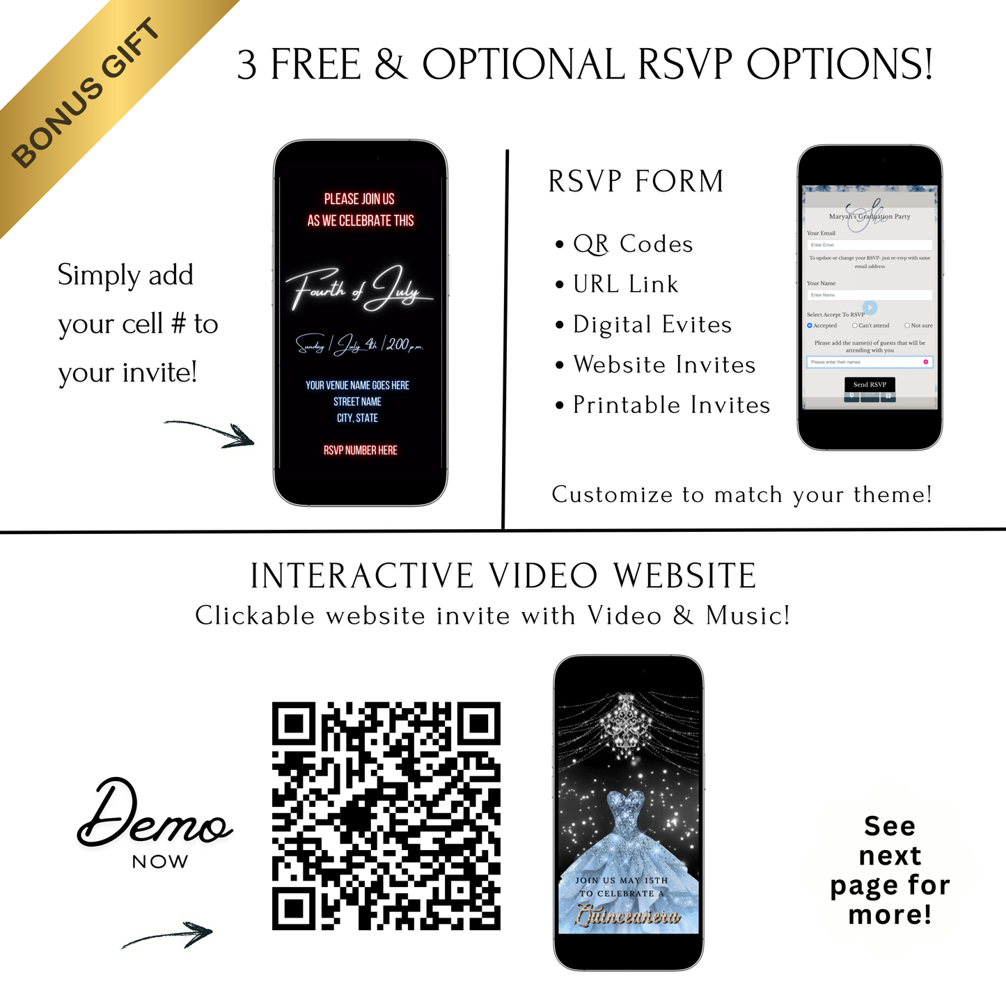 Editable neon fourth of july party party video invitation displayed on a mobile phone, featuring an animated vertical digital invite with music, created in Canva. This premium video invitation template is designed for sharing by text, email, and social media and works with an interactive RSVP website for easy guest response tracking.