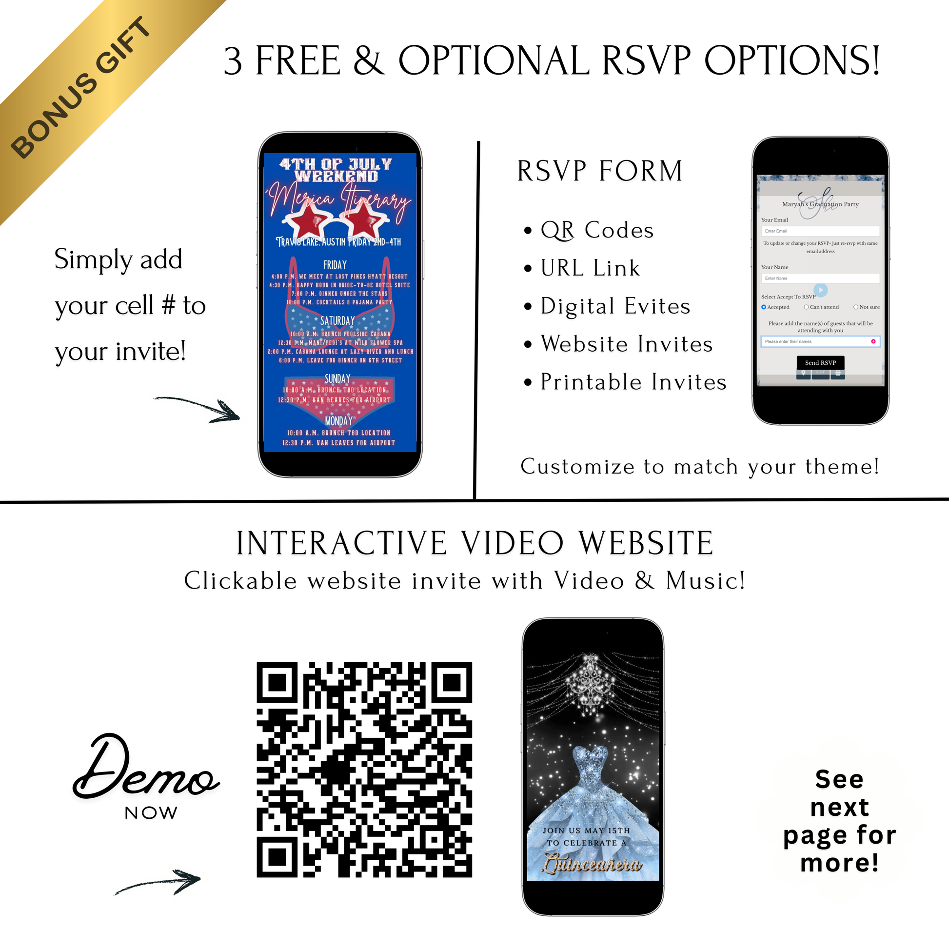 Editable patriotic 4th of july weekend party party video invitation displayed on a mobile phone, featuring an animated vertical digital invite with music, created in Canva. This premium video invitation template is designed for sharing by text, email, and social media and works with an interactive RSVP website for easy guest response tracking.