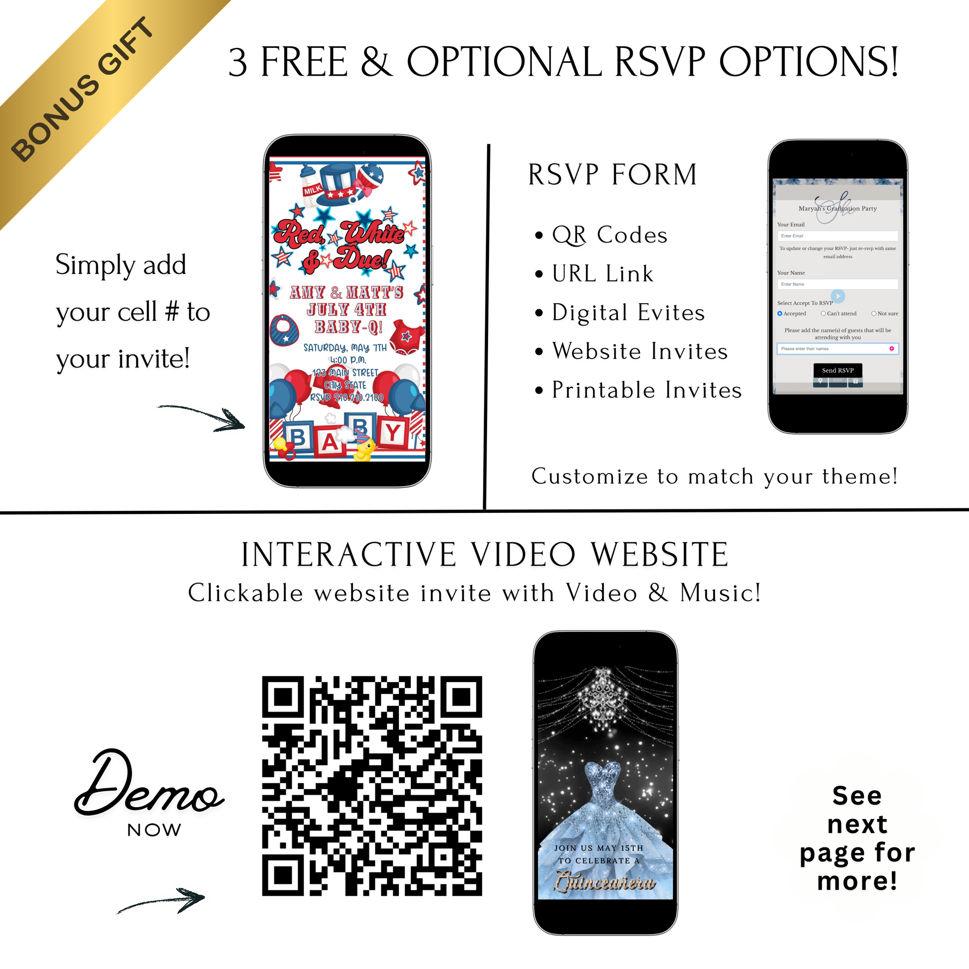 Editable red white blue 4th of july baby shower baby shower video invitation displayed on a mobile phone, featuring an animated vertical digital invite with music, created in Canva. This premium video invitation template is designed for sharing by text, email, and social media and works with an interactive RSVP website for easy guest response tracking.