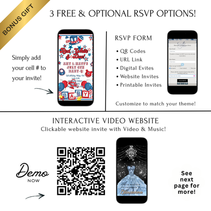 Editable red white blue 4th of july baby shower baby shower video invitation displayed on a mobile phone, featuring an animated vertical digital invite with music, created in Canva. This premium video invitation template is designed for sharing by text, email, and social media and works with an interactive RSVP website for easy guest response tracking.