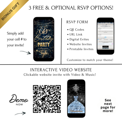 Editable teal gold star confetti 60th birthday birthday video invitation displayed on a mobile phone, featuring an animated vertical digital invite with music, created in Canva. This premium video invitation template is designed for sharing by text, email, and social media and works with an interactive RSVP website for easy guest response tracking.