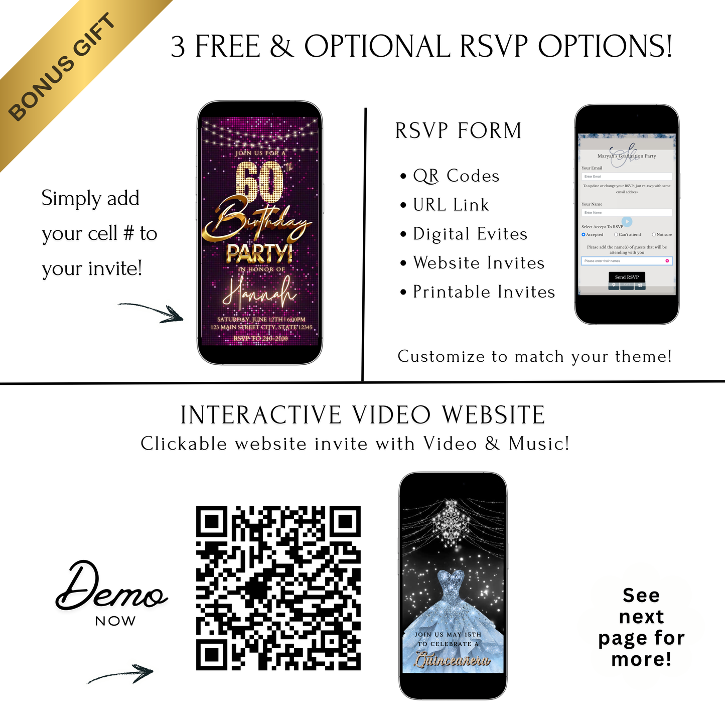 Editable violet sequin gold 60th birthday birthday video invitation displayed on a mobile phone, featuring an animated vertical digital invite with music, created in Canva. This premium video invitation template is designed for sharing by text, email, and social media and works with an interactive RSVP website for easy guest response tracking.