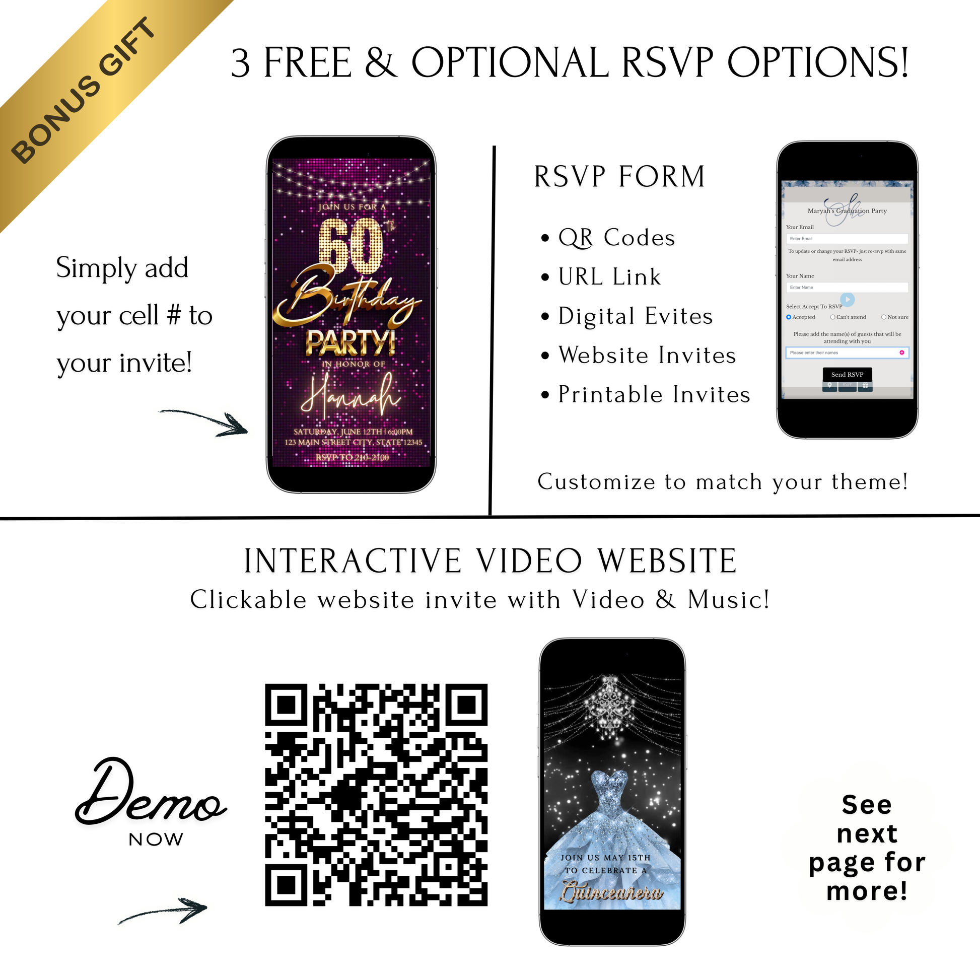 Editable violet sequin gold 60th birthday birthday video invitation displayed on a mobile phone, featuring an animated vertical digital invite with music, created in Canva. This premium video invitation template is designed for sharing by text, email, and social media and works with an interactive RSVP website for easy guest response tracking.