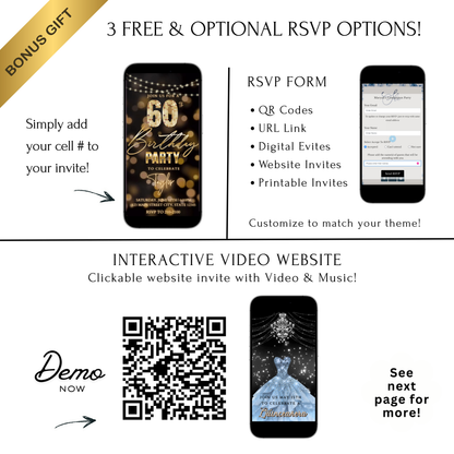 Editable gold bokeh lights 60th birthday birthday video invitation displayed on a mobile phone, featuring an animated vertical digital invite with music, created in Canva. This premium video invitation template is designed for sharing by text, email, and social media and works with an interactive RSVP website for easy guest response tracking.