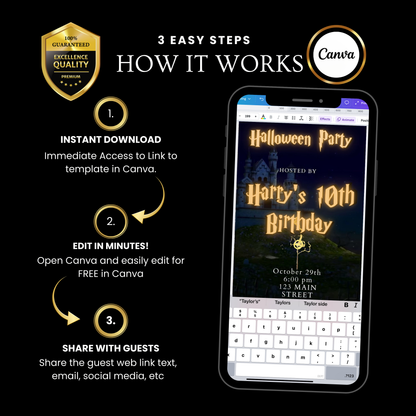 Editable wizard halloween birthday birthday video invitation displayed on a mobile phone, featuring an animated vertical digital invite with music, created in Canva. This premium video invitation template is designed for sharing by text, email, and social media and works with an interactive RSVP website for easy guest response tracking.