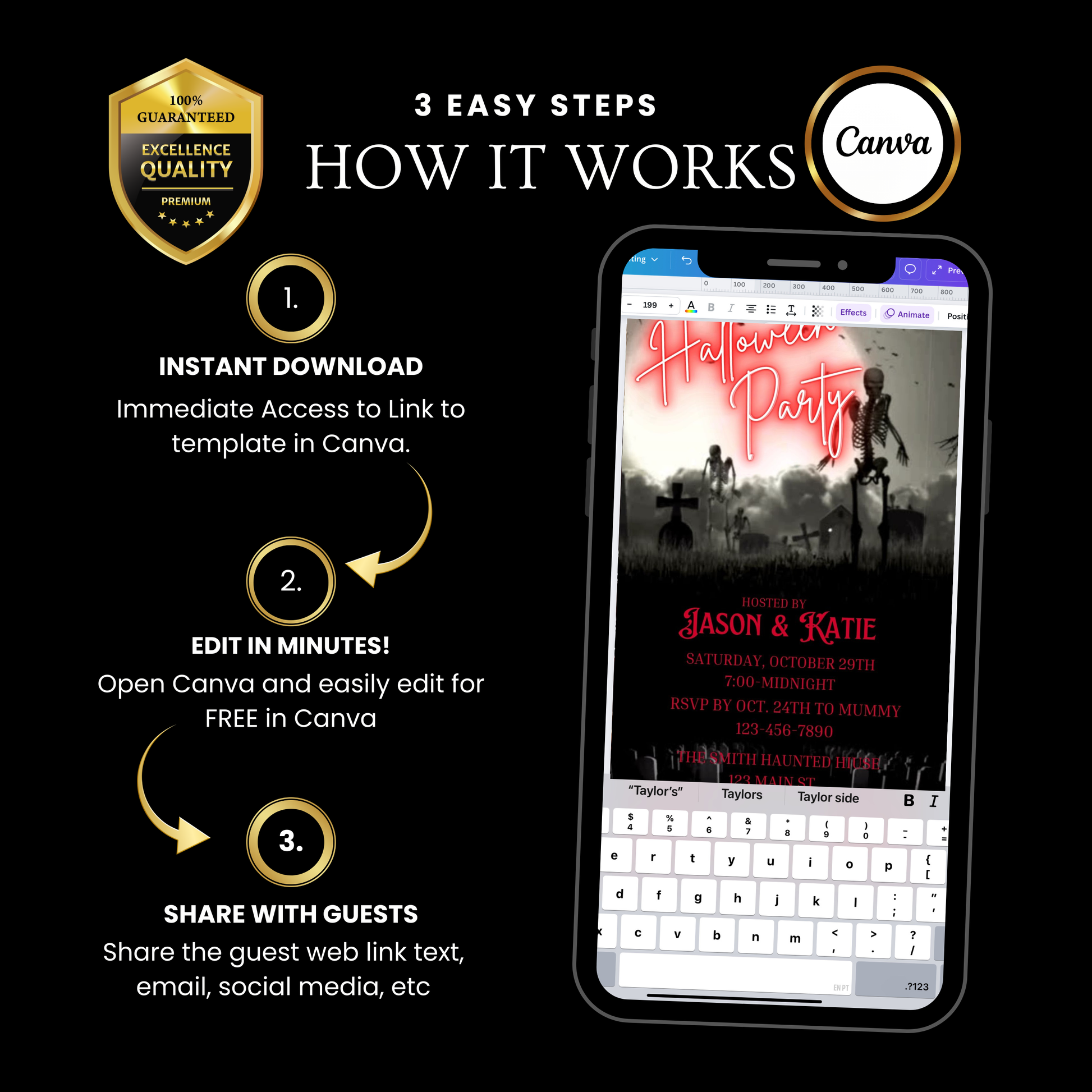 Editable graveyard halloween party party video invitation displayed on a mobile phone, featuring an animated vertical digital invite with music, created in Canva. This premium video invitation template is designed for sharing by text, email, and social media and works with an interactive RSVP website for easy guest response tracking.