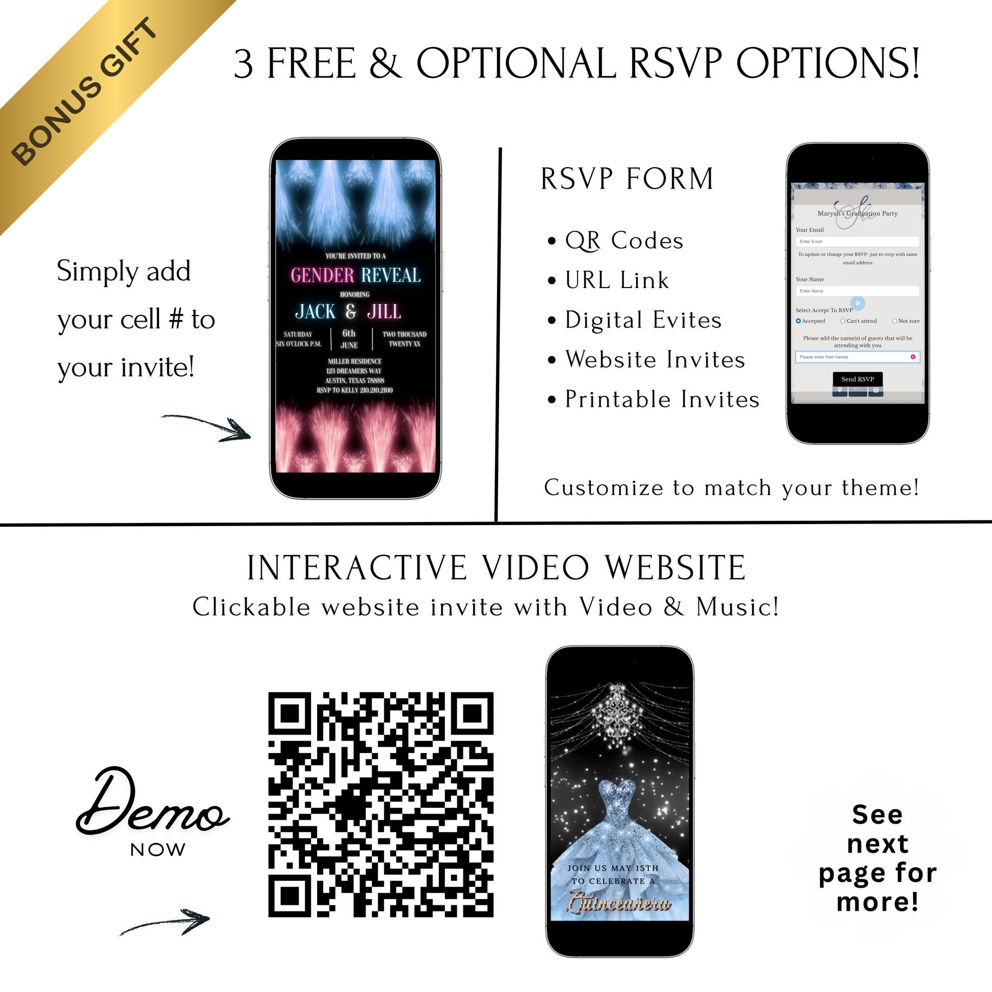 Editable fireworks gender reveal event video invitation displayed on a mobile phone, featuring an animated vertical digital invite with music, created in Canva. This premium video invitation template is designed for sharing by text, email, and social media and works with an interactive RSVP website for easy guest response tracking.