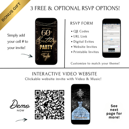 Editable black gold elegant 60th birthday birthday video invitation displayed on a mobile phone, featuring an animated vertical digital invite with music, created in Canva. This premium video invitation template is designed for sharing by text, email, and social media and works with an interactive RSVP website for easy guest response tracking.