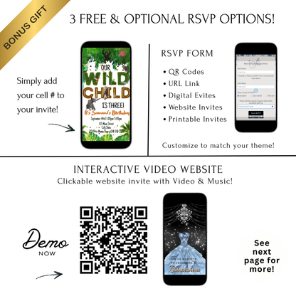 Editable wild jungle birthday birthday video invitation displayed on a mobile phone, featuring an animated vertical digital invite with music, created in Canva. This premium video invitation template is designed for sharing by text, email, and social media and works with an interactive RSVP website for easy guest response tracking.