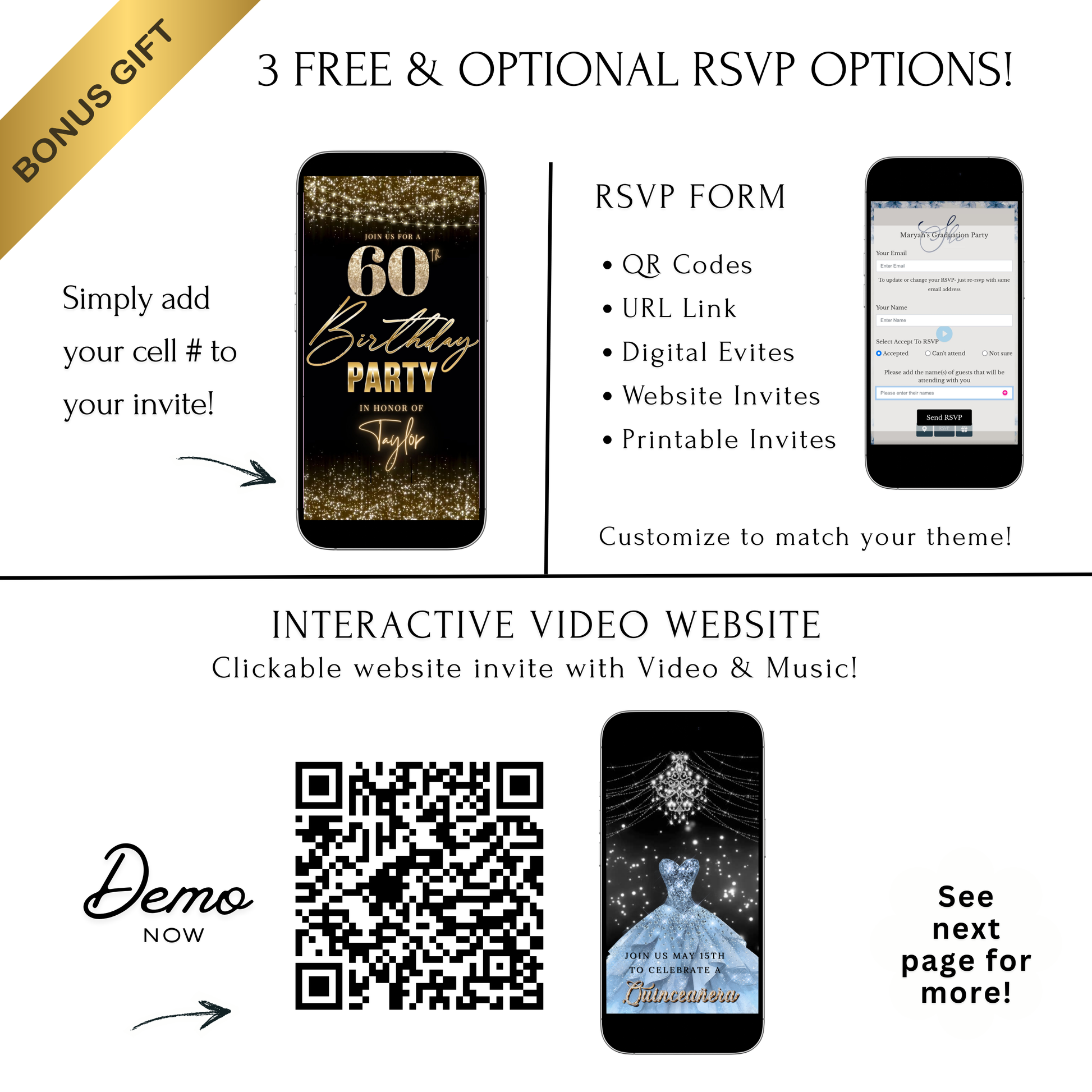 Editable gold sparkle 60th birthday birthday video invitation displayed on a mobile phone, featuring an animated vertical digital invite with music, created in Canva. This premium video invitation template is designed for sharing by text, email, and social media and works with an interactive RSVP website for easy guest response tracking.