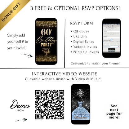Editable gold sparkle 60th birthday birthday video invitation displayed on a mobile phone, featuring an animated vertical digital invite with music, created in Canva. This premium video invitation template is designed for sharing by text, email, and social media and works with an interactive RSVP website for easy guest response tracking.