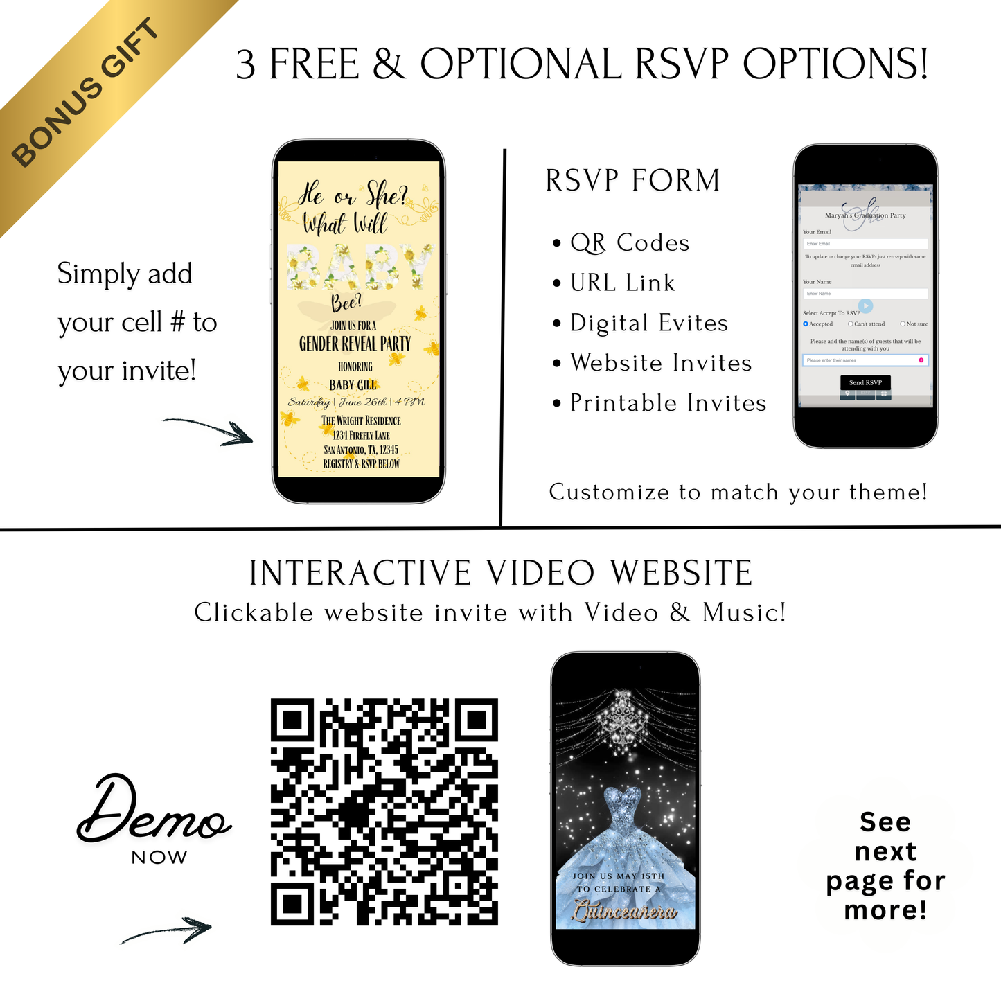 Editable bee gender reveal party party video invitation displayed on a mobile phone, featuring an animated vertical digital invite with music, created in Canva. This premium video invitation template is designed for sharing by text, email, and social media and works with an interactive RSVP website for easy guest response tracking.